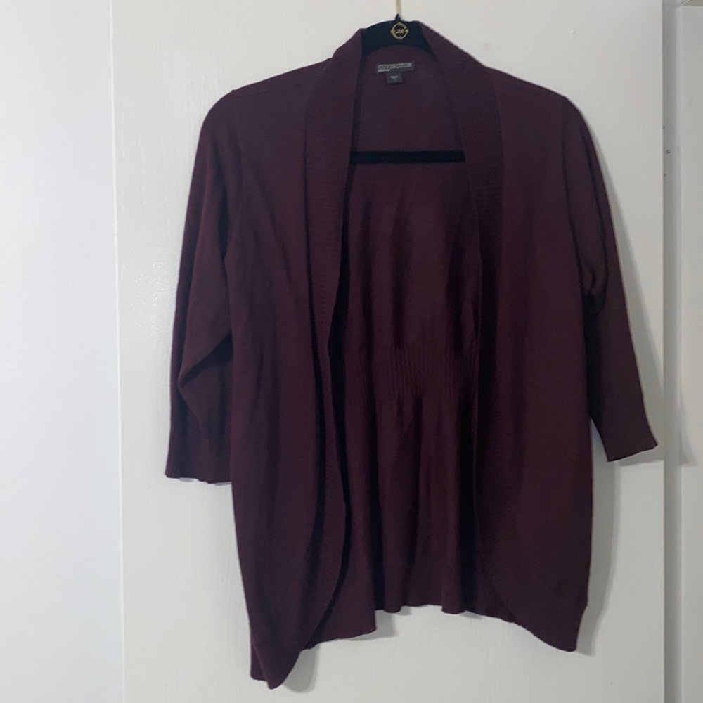 V2 Burgundy cardigan cover, 3/4 sleeve. Hole on the back neck area.
